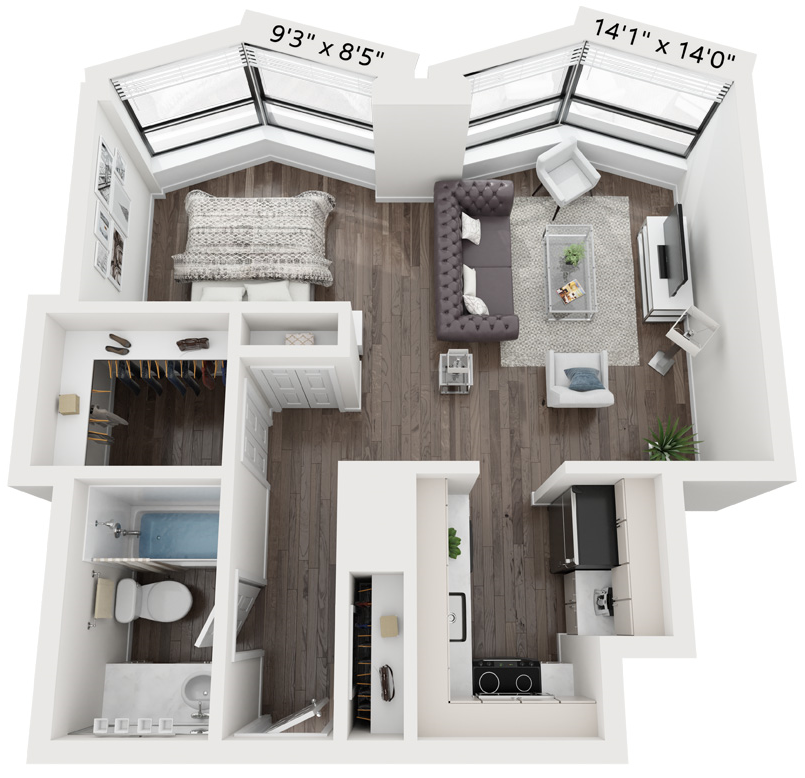 Floor plan for studio, 1 bath, 530 sqft